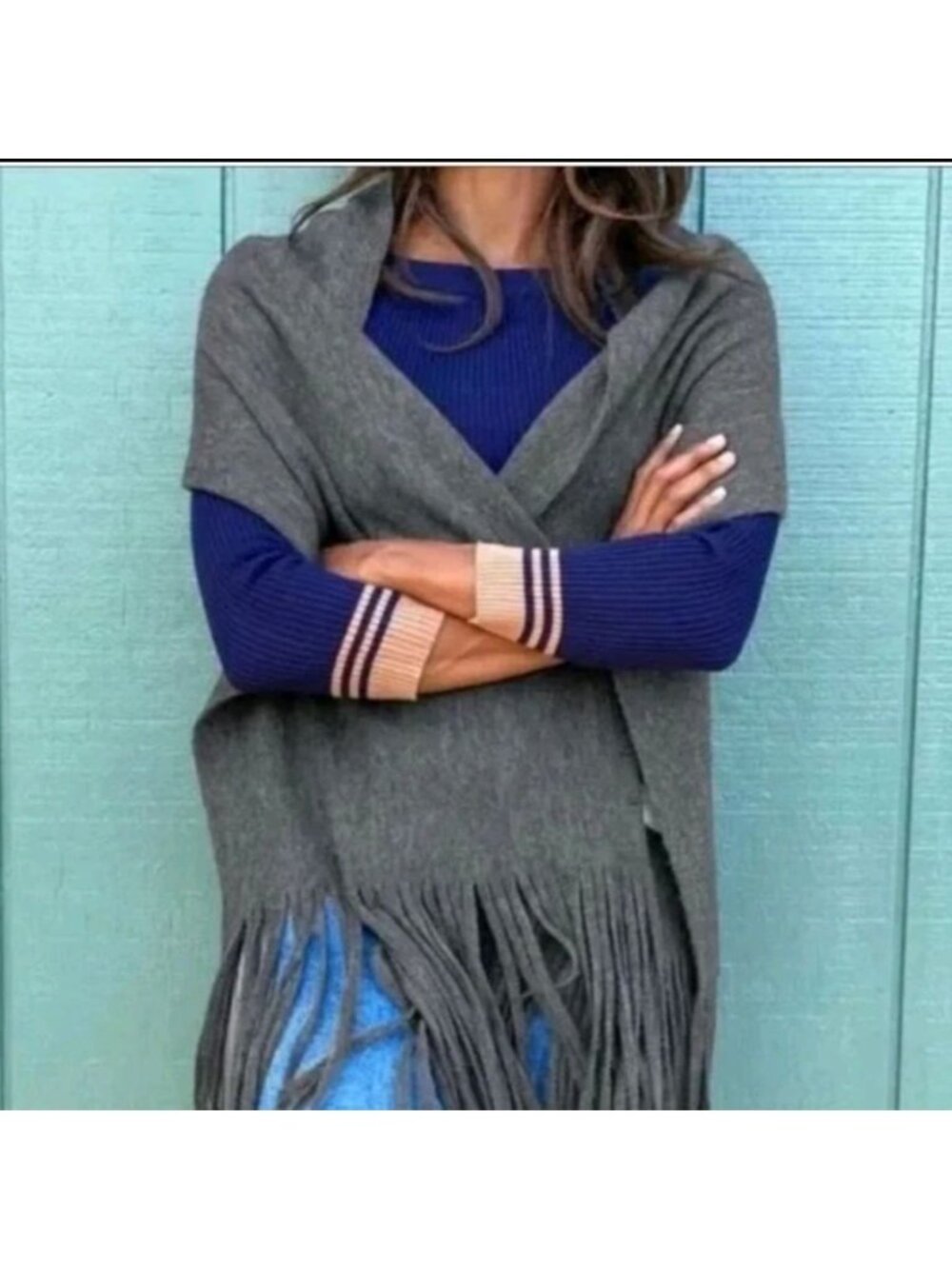 Lucky Brand Gray Fringe Knit Scarf‎ Polyester & Acrylic Blend Soft & Stylish